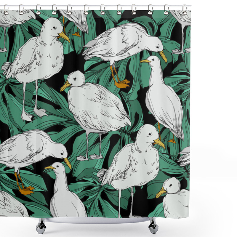 Personality  Vector Sky Bird Seagull In A Wildlife Isolated. Black And White Engraved Ink Art. Seamless Background Pattern. Shower Curtains