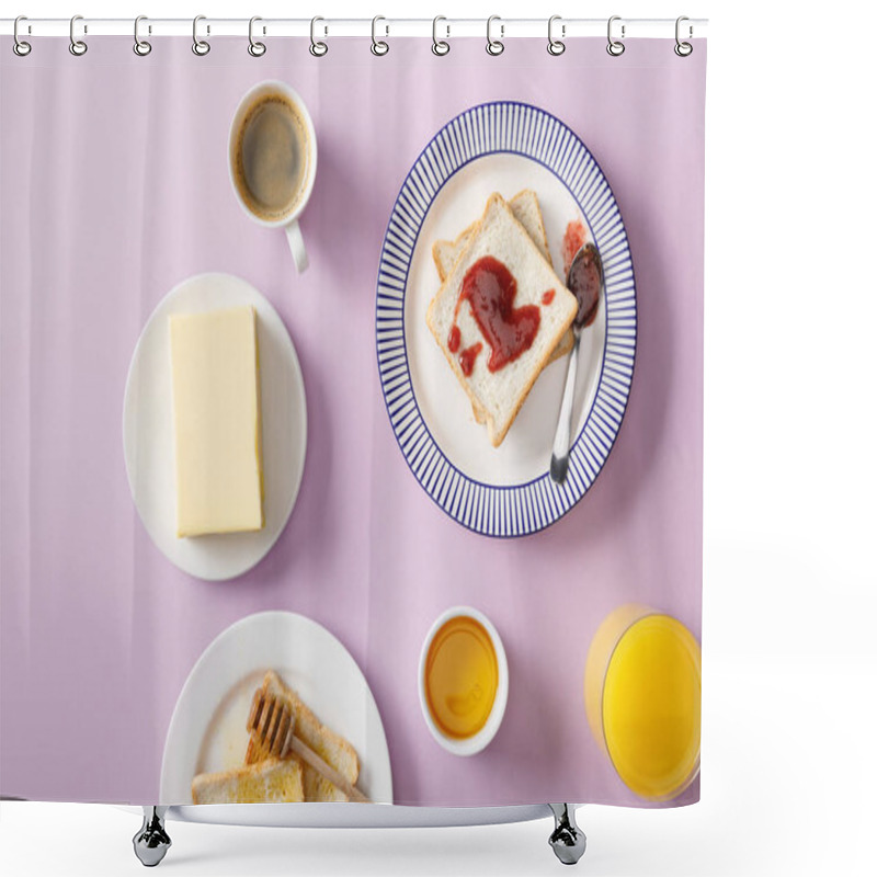 Personality  Top View Of Butter, Coffee, Orange Juice, Toasts With Honey And Jam On Plates On Violet Background  Shower Curtains