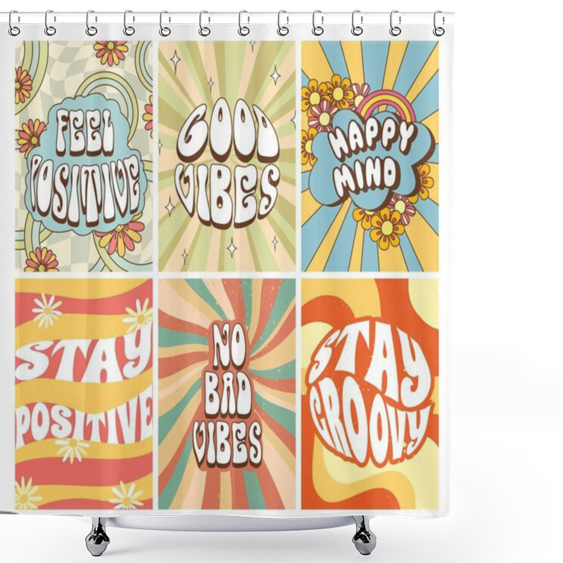 Personality  Groovy 70s Posters. Stay Positive, Good Vibes And Happy Mind Vector Illustration Set Shower Curtains