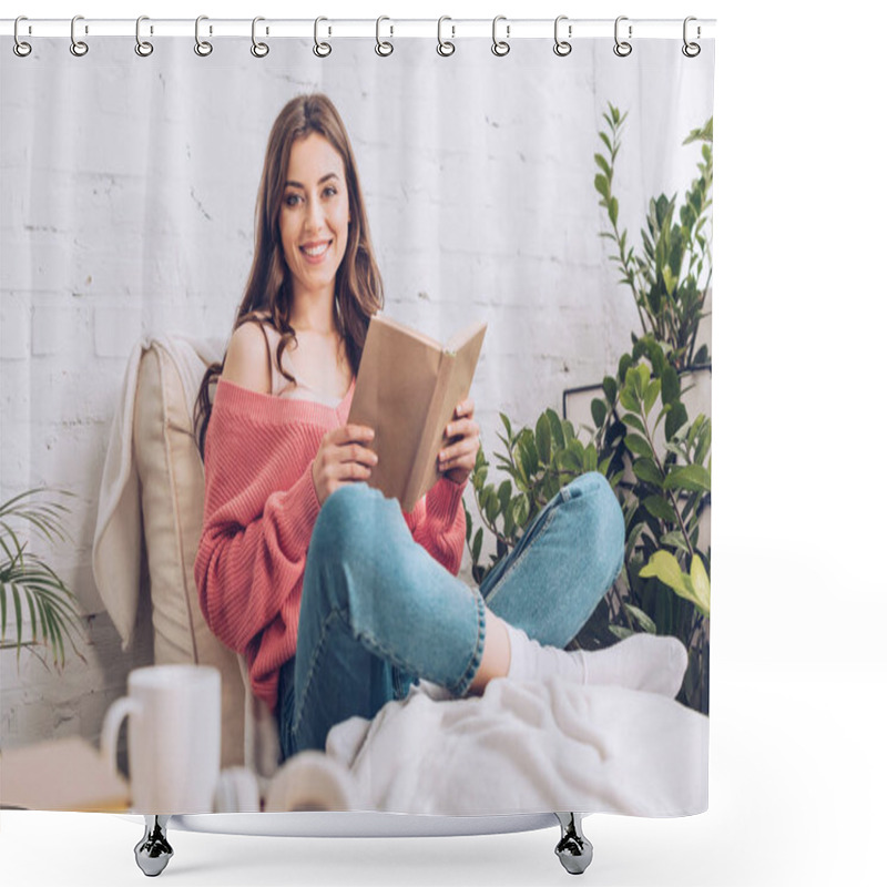 Personality  Attractive Cheerful Girl Smiling At Camera While Sitting With Book On Soft Chaise Lounge Shower Curtains