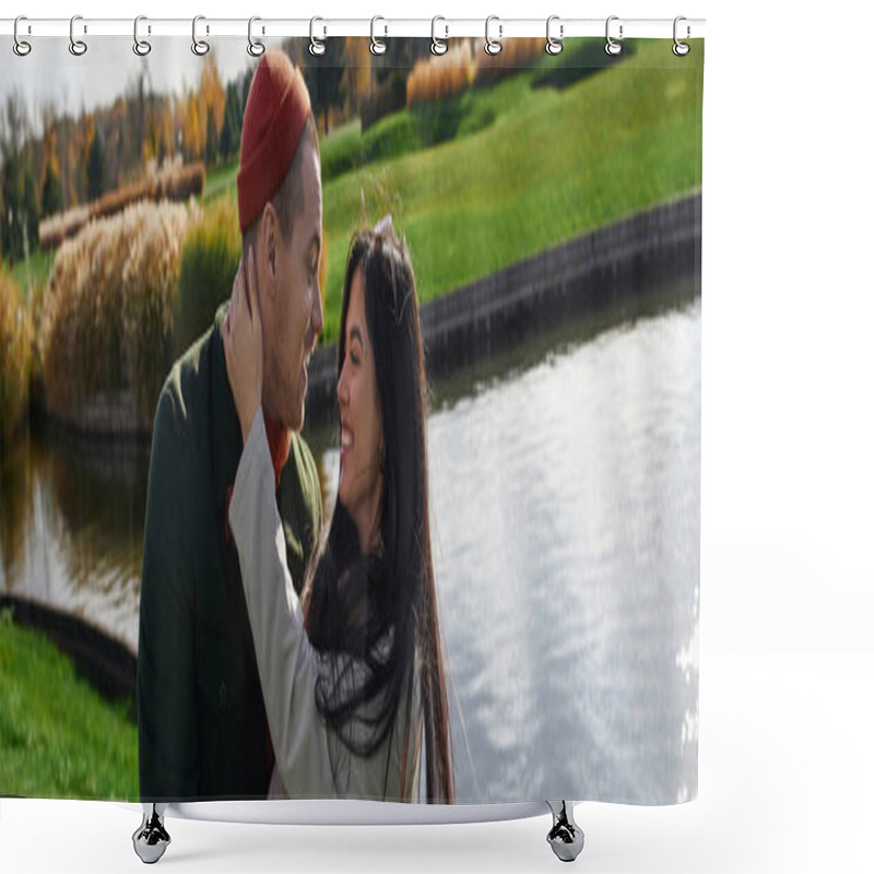 Personality  A Loving Couple Embraces Affectionately Against A Backdrop Of Vibrant Autumn Colors By The Lake. Shower Curtains