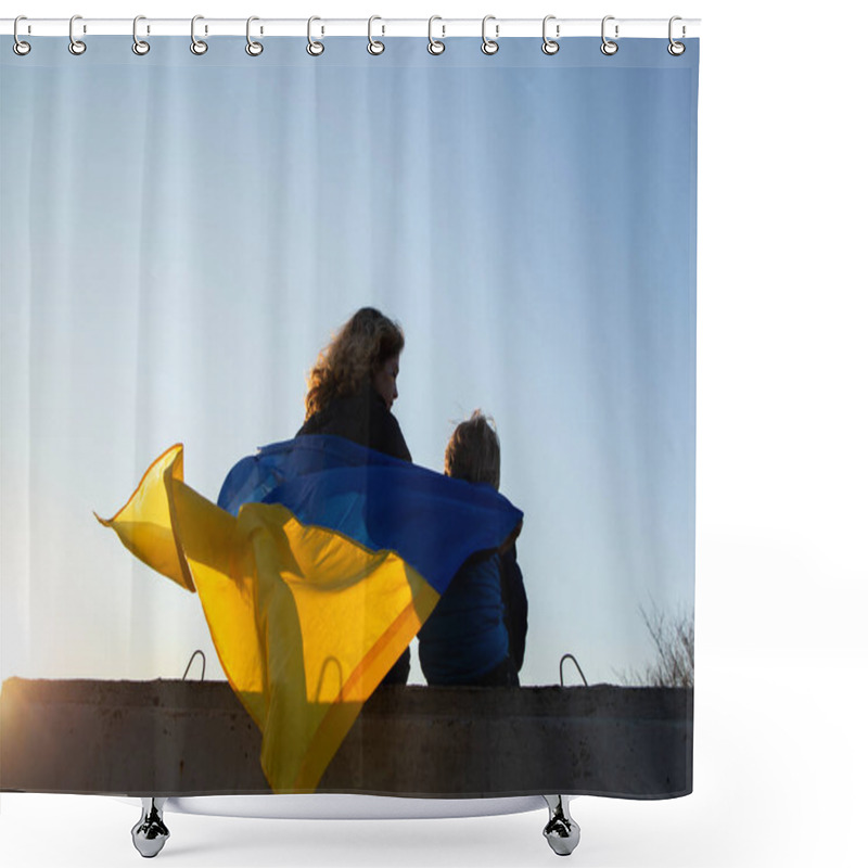 Personality  Little Boy And A Woman Sit With Their Backs At Sunset Against The Sky With A Blue And Yellow Ukrainian Flag. Family, Refugees, Unity, Support. Ukrainians Are Against The War. Stand With Ukraine Shower Curtains