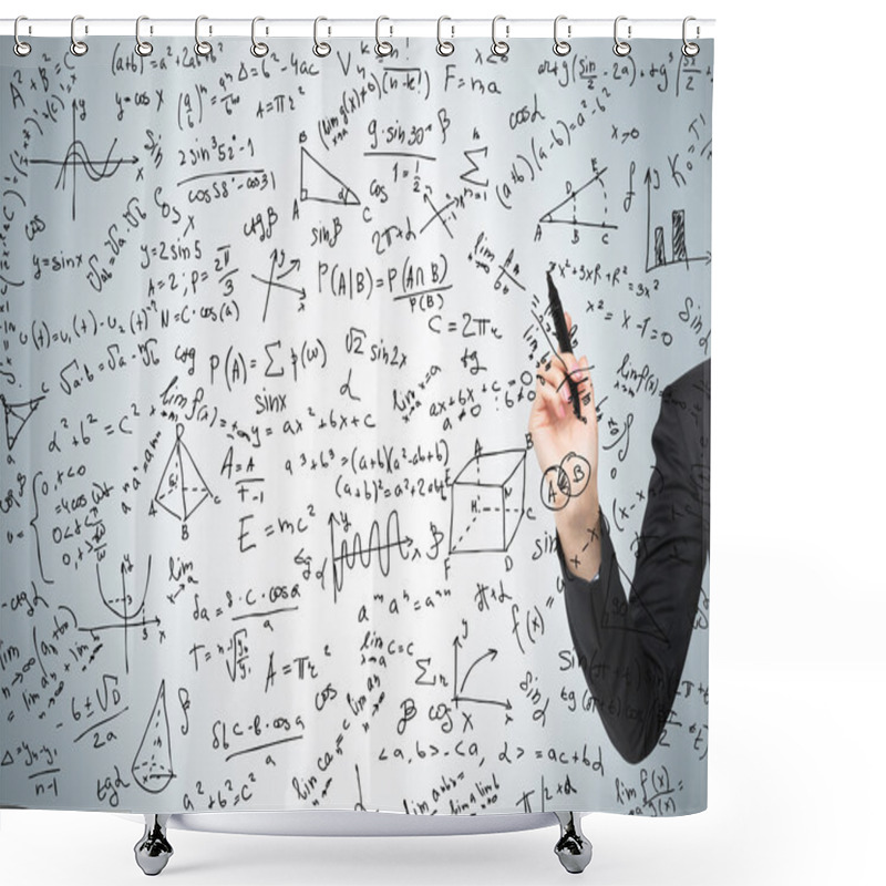 Personality  Woman's Hand Is Pointing Out The Complicated Math Calculations. Math Formulas Are Written On The Glass Screen. Shower Curtains