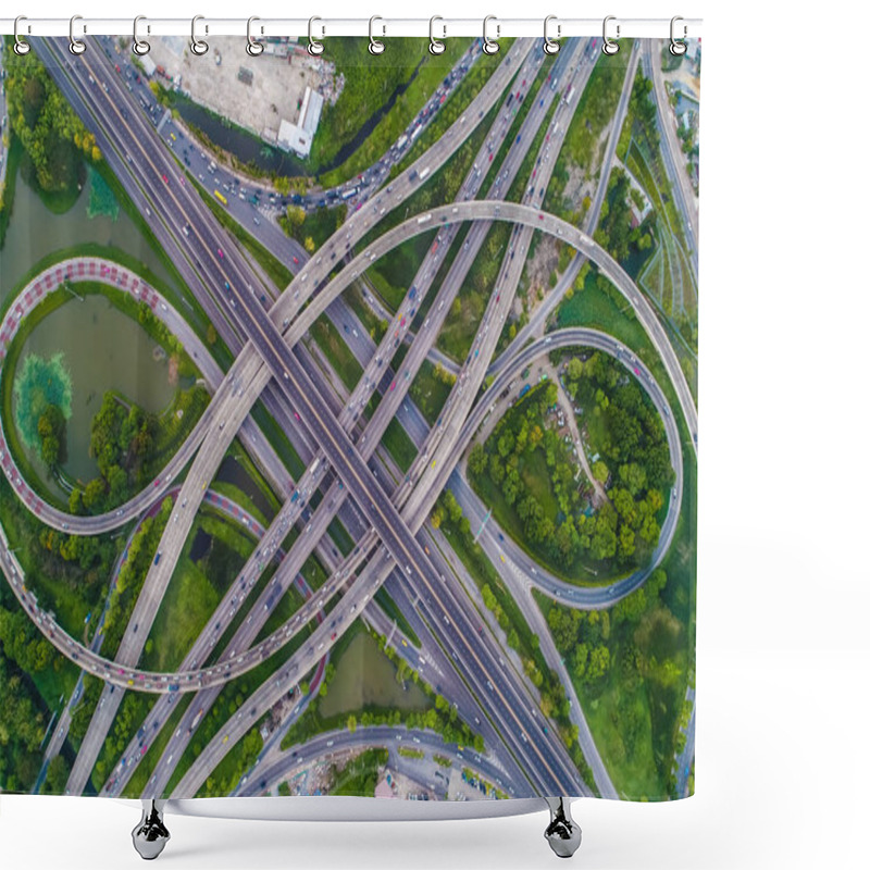 Personality  Aerial View Car Movement On Traffic Junction Road With Green Tree Park, Transport Concept Shower Curtains