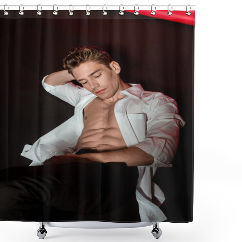 Personality  Sexy Young Elegant Man In Unbuttoned Shirt With Muscular Bare Torso Lying On Floor On Black Background Shower Curtains