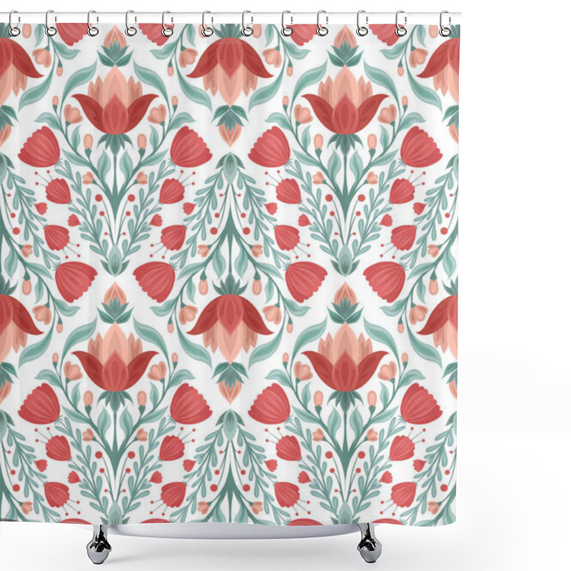 Personality  Folk Art Pattern With Floral Rhombus Composition On White Background. Vector Botanical Texture With Decorative Flowers In Tile. Backdrop With Symmetrical Plants And Stems For Fabric And Wallpaper Shower Curtains