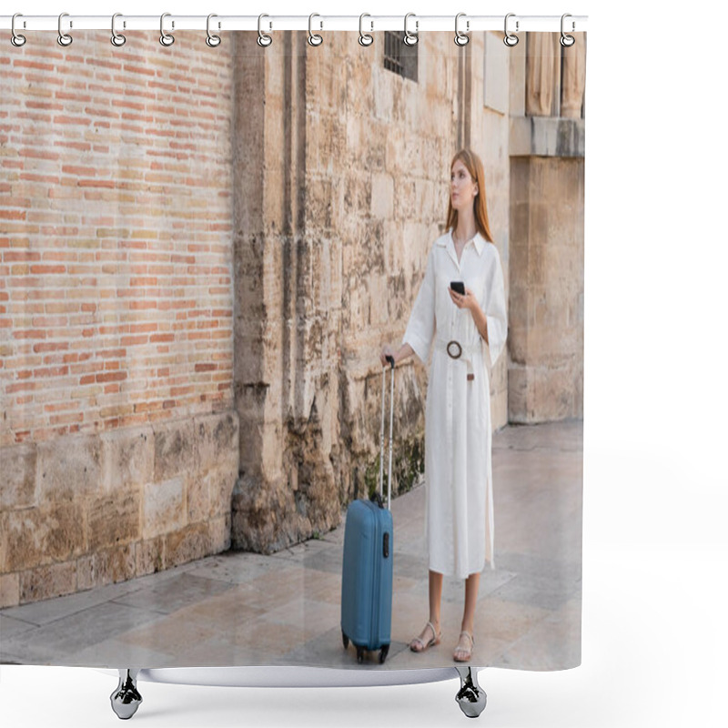 Personality  Full Length Of Redhead Woman Standing With Luggage And Using Smartphone In Valencia  Shower Curtains