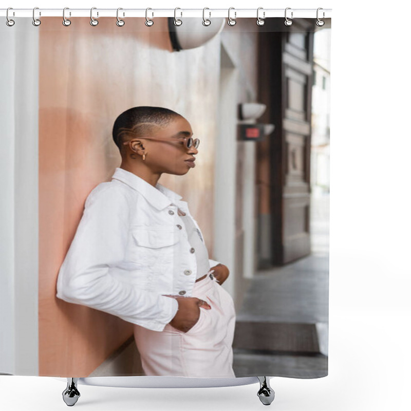 Personality  Side View Of Trendy African American Woman In Sunglasses Posing Near Building On Street In Treviso Shower Curtains