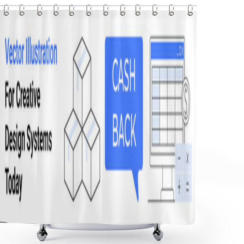 Personality  Stacked Cubes, Speech Bubble With Cash Back, And Finance Spreadsheet With Dollar Sign And Calculator. Ideal For Financial Tools, Discounts, E-commerce, Savings Plans, Retail, Business Analytics Flat Shower Curtains