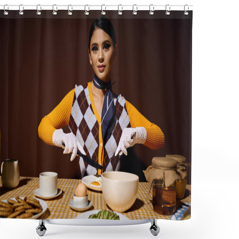 Personality  A Stylish Woman With White Gloves Is Cutting Food At A Table Setting. Shower Curtains