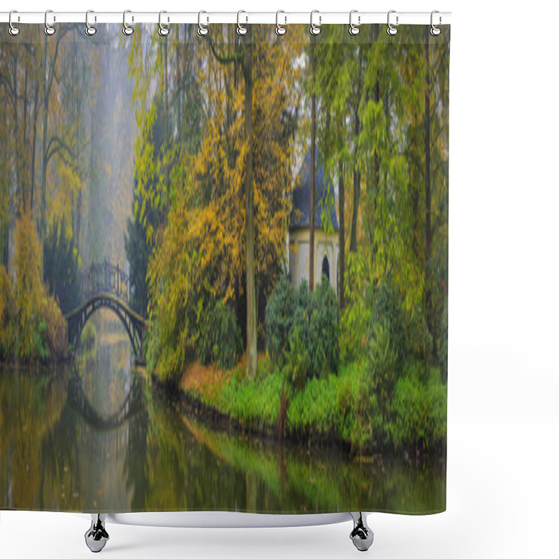 Personality  Scenic View Of Misty Autumn Landscape With Beautiful Old Bridge  Shower Curtains