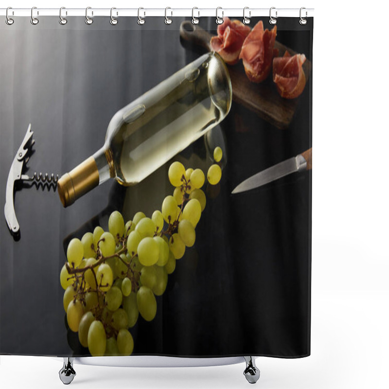 Personality  Bottle With White Wine Near Grape, Knife, Corkscrew And Sliced Prosciutto On Baguette On Black Background Shower Curtains