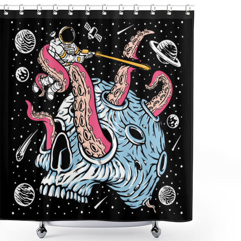 Personality  Vector Image With A Tentacles Coming Out Of Skull Planet And Attacking Astronaut In Space Shower Curtains