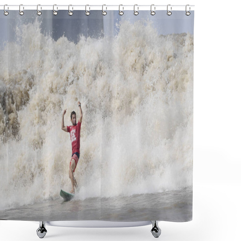 Personality  A Surfer Rides A Wave On The Qiantang River In Hangzhou City, East China Zhejiang Province, 16 September 2019. Shower Curtains