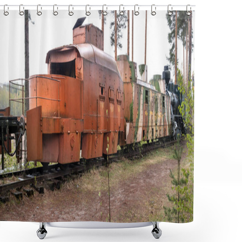 Personality  Parola, Finland - May 2, 2019: Tank Museum In The City Of Parola. Armored Train. Guns In Combat Readiness Shower Curtains