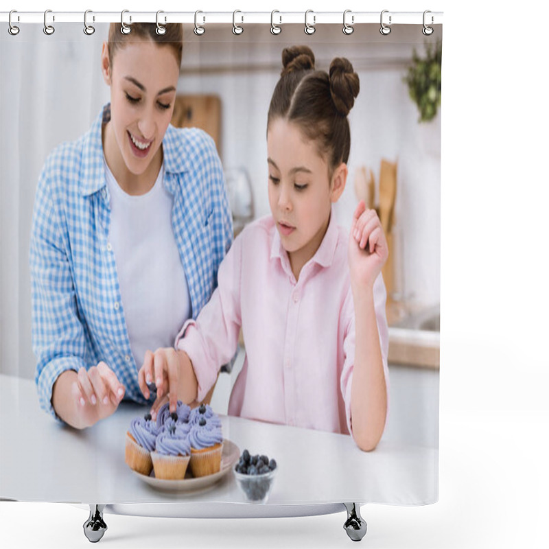 Personality  Happy Mother And Daughter Decorating Creamy Cupcakes With Blueberries Shower Curtains