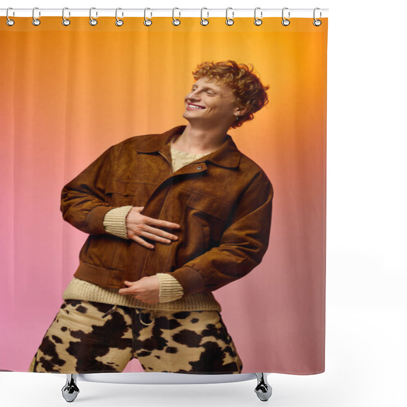 Personality  A Stylish Man Showcases Holiday Fashion With A Warm Brown Jacket And Unique Patterned Pants, Exuding Confidence And Joy In A Vibrant Setting Perfect For Christmas Celebrations In 2025. Shower Curtains