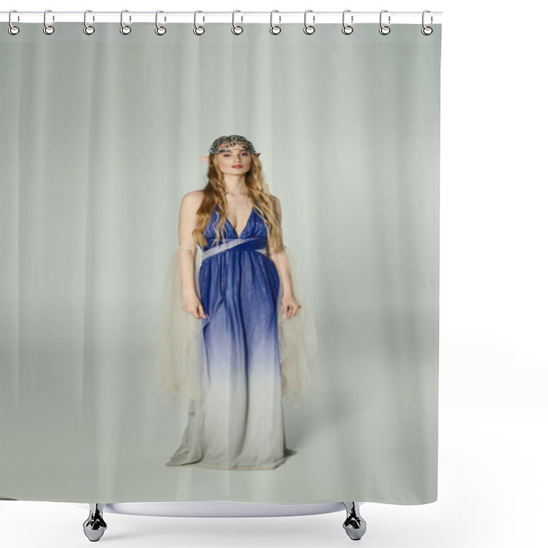 Personality  A Young Woman Exudes A Fairy-like Charm In A Blue And White Dress, Embodying The Essence Of An Elf Princess In A Studio Setting. Shower Curtains