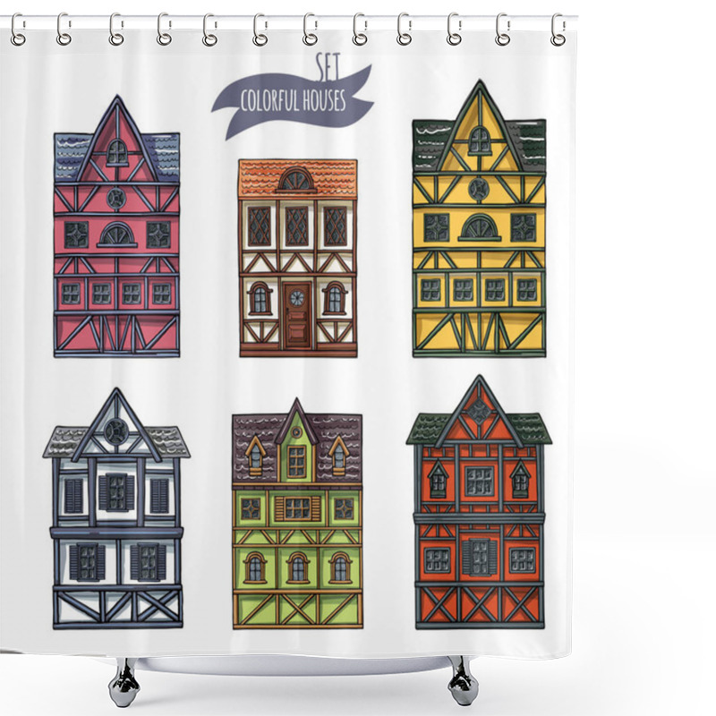 Personality  German Houses Cartoon Collection Urban Landscape Front View Of European City Street Colorful Building Facades. Shower Curtains