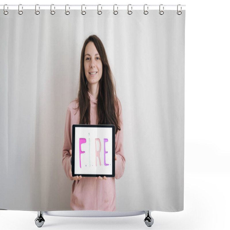 Personality  Young Millennial Woman Happy On Her FIRE Movement. Financial Independence, Retire Early Concept. Living With Extreme Savings And Investments. Healthy Mindful Lifestyle With No Work.  Shower Curtains