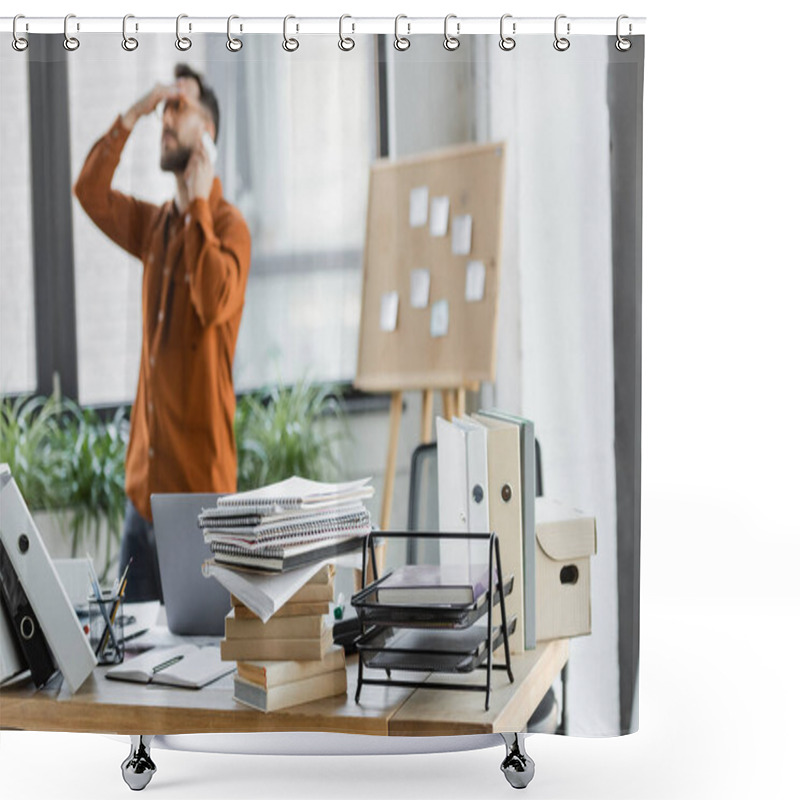 Personality  Busy And Tired Businessman Talking On Smartphone While Solving Problem Near Corkboard With Sticky Notes And Work Desk With Notebooks, Books, Cardboard Box And Laptop, Blurred Background Shower Curtains