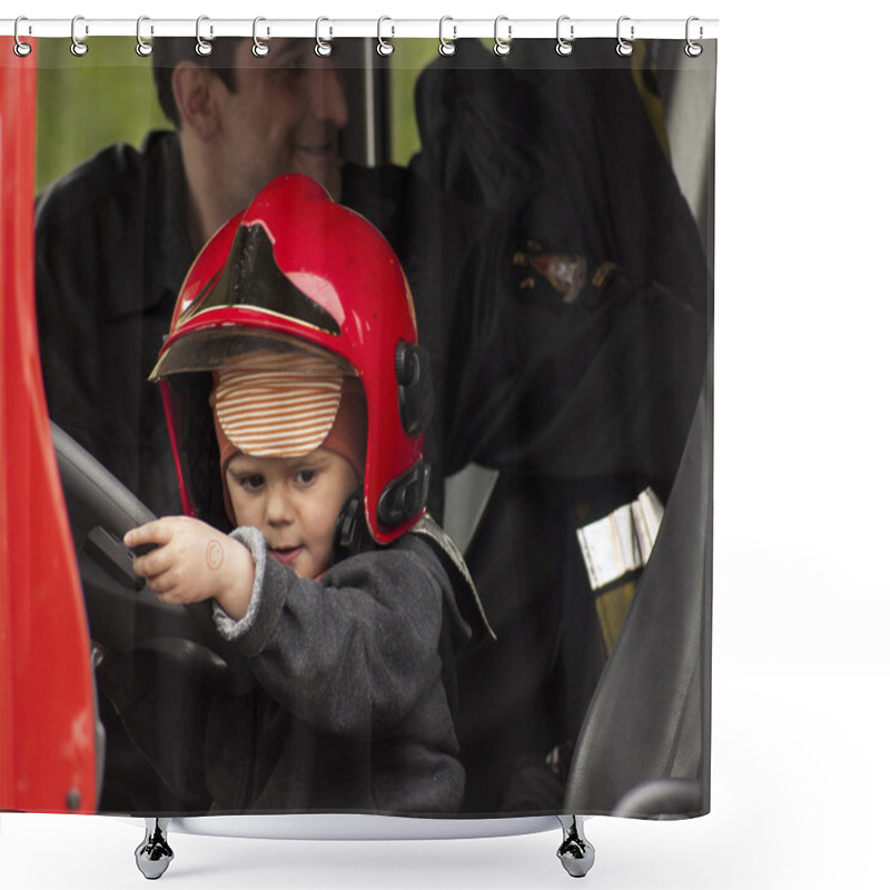 Personality  Child In A Fireman's Helmet In The Fire Truck Shower Curtains