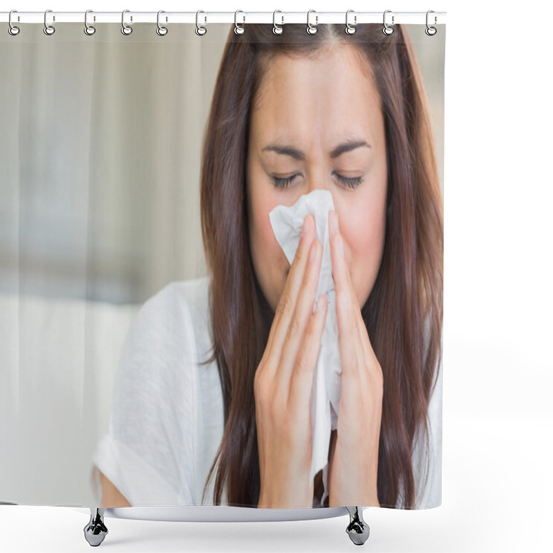 Personality  Brunette Blowing Nose Into Tissue Shower Curtains