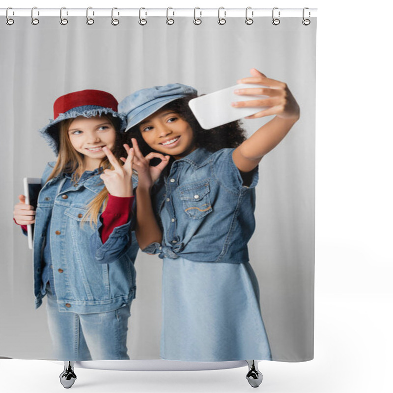 Personality  Fashionable Interracial Girls Showing Okay And Victory Signs While Taking Selfie On Grey Shower Curtains