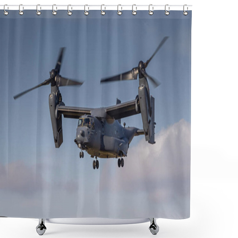 Personality  Fairford, UK - 14th July 2022: USAF Military Aircraft Bell/Boeing MV-22B Osprey In Flight Landing At Airfield Shower Curtains