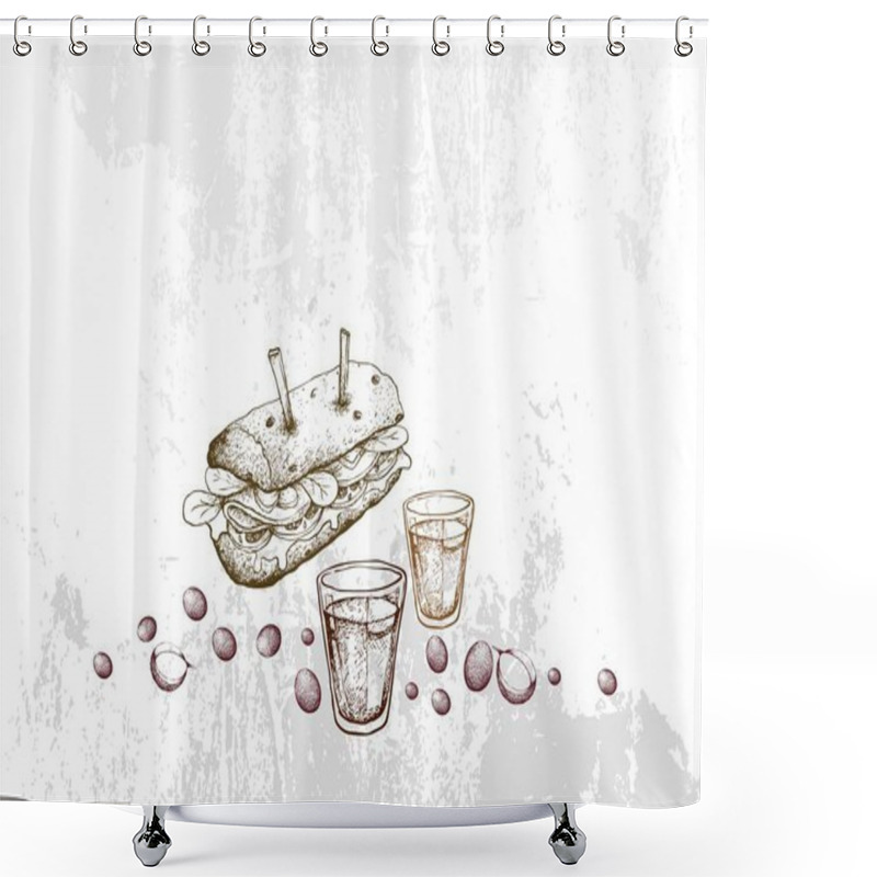 Personality  Hand Drawn Of Hot Coffee With Baguette Sandwich Shower Curtains