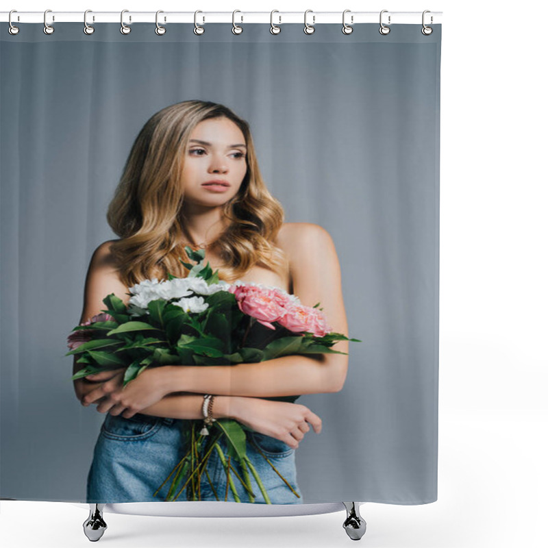 Personality  Young, Charming Woman With Naked Shoulders Holding Flowers Isolated On Grey Shower Curtains