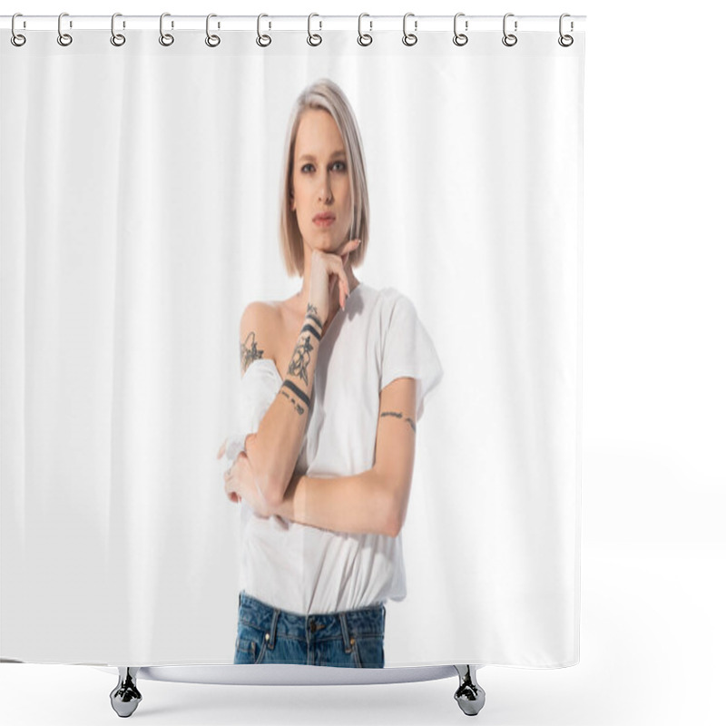 Personality  Young Tattooed Girl Posing With Hand Near Face Isolated On White Shower Curtains