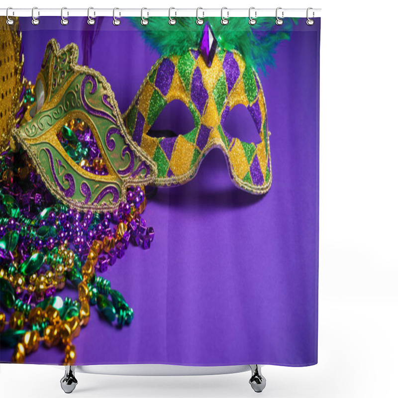 Personality  Assorted Mardi Gras Or Carnivale Mask On A Purple Background Shower Curtains