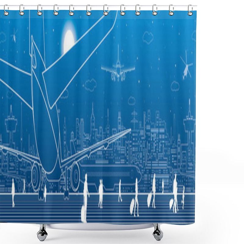 Personality  Airport Scene. The Plane Is On The Runway. Aviation Transportation Infrastructure. Airplane Fly, People Get On The Plane. Night City On Background, Vector Design Art Shower Curtains