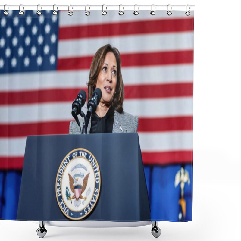 Personality  Big Bend, Wisconsin, USA - Jan 22 2024: Kamala Harris Delivering Remarks At A Political Event Shower Curtains