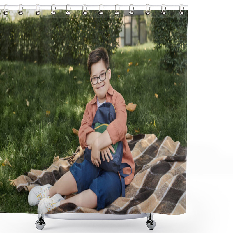 Personality  Happy And Stylish Boy With Down Syndrome Sitting Near School Backpack On Blanket In Park Shower Curtains