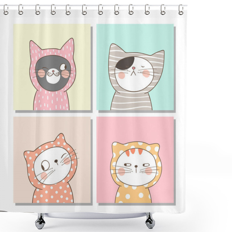 Personality  Set Of Drawn Cute Cats With Different Emotions In Doodle Cartoon Style On Pastel Background Shower Curtains