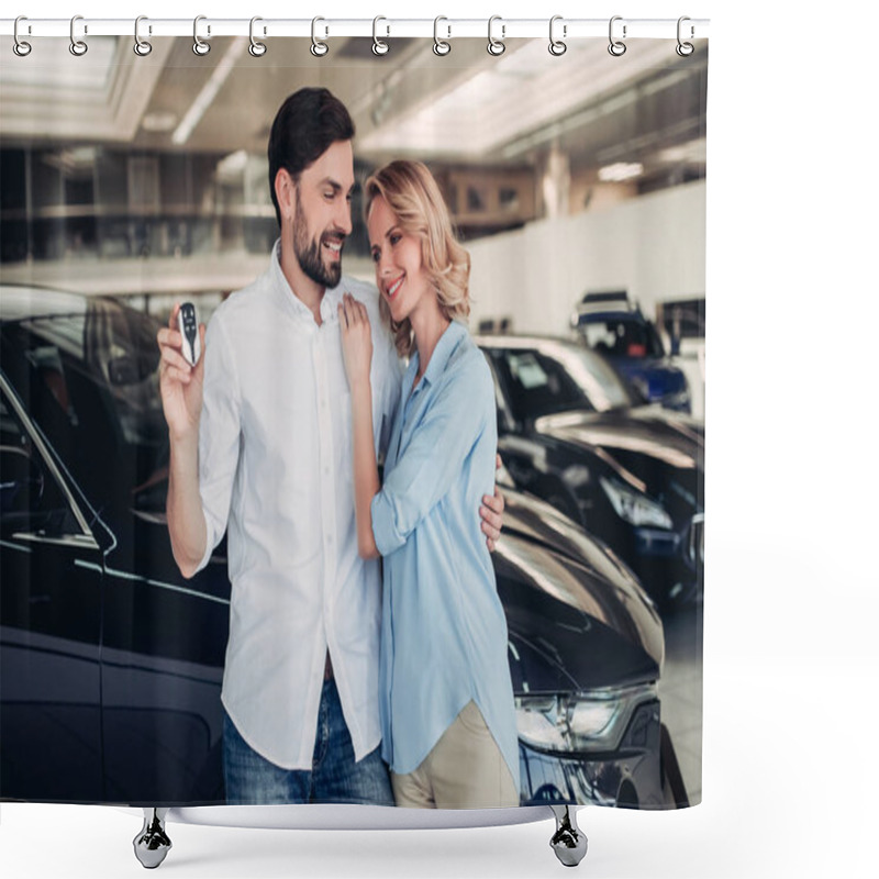 Personality  Portrait Of Smiling Couple Holding Keys Of New Car In Dealership Salon Shower Curtains