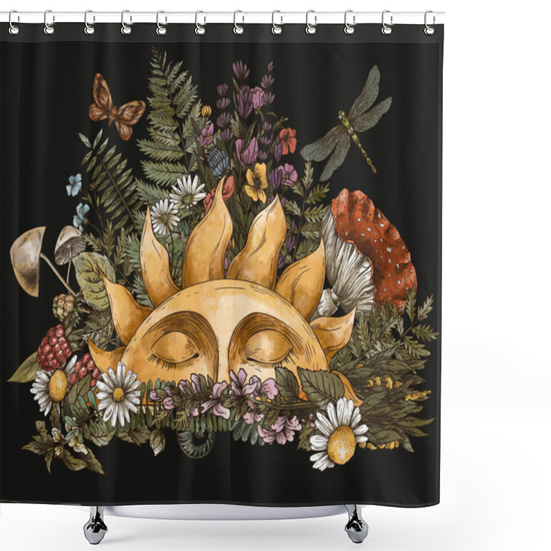 Personality  Vintage Sun Illustration With Woodland Treasures, Amanita Mushroom, Fern, Forest Plants Baner. Botanical Illustration Isolated On Black Background. Shower Curtains