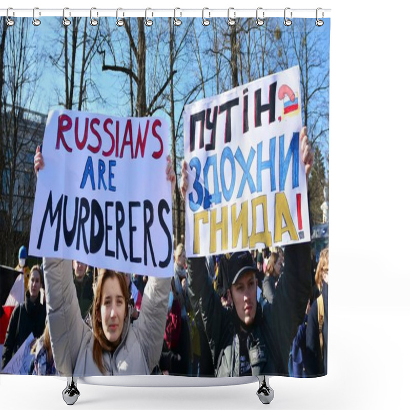 Personality  Warsaw, Poland. 24 February 2022. Anti-war Protest Outside Russian Embassy In Warsaw. Demonstrators Call For Peace And Condemn Putin.  Shower Curtains