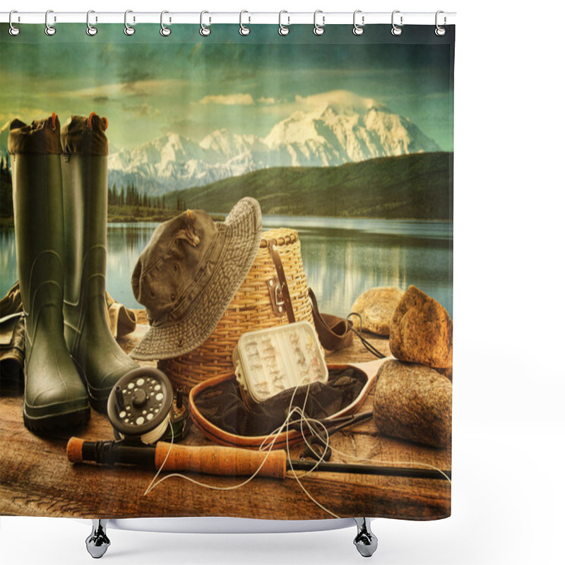 Personality  Fly Fishing Equipment On Deck With View Of A Lake And Mountains Shower Curtains