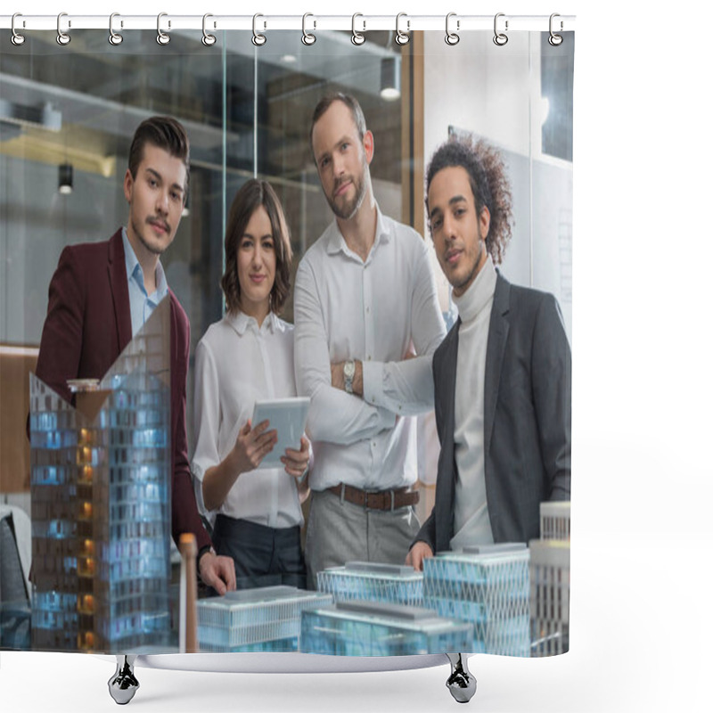 Personality  Group Of Successful Architects Standing Next To Building Models At Office Shower Curtains