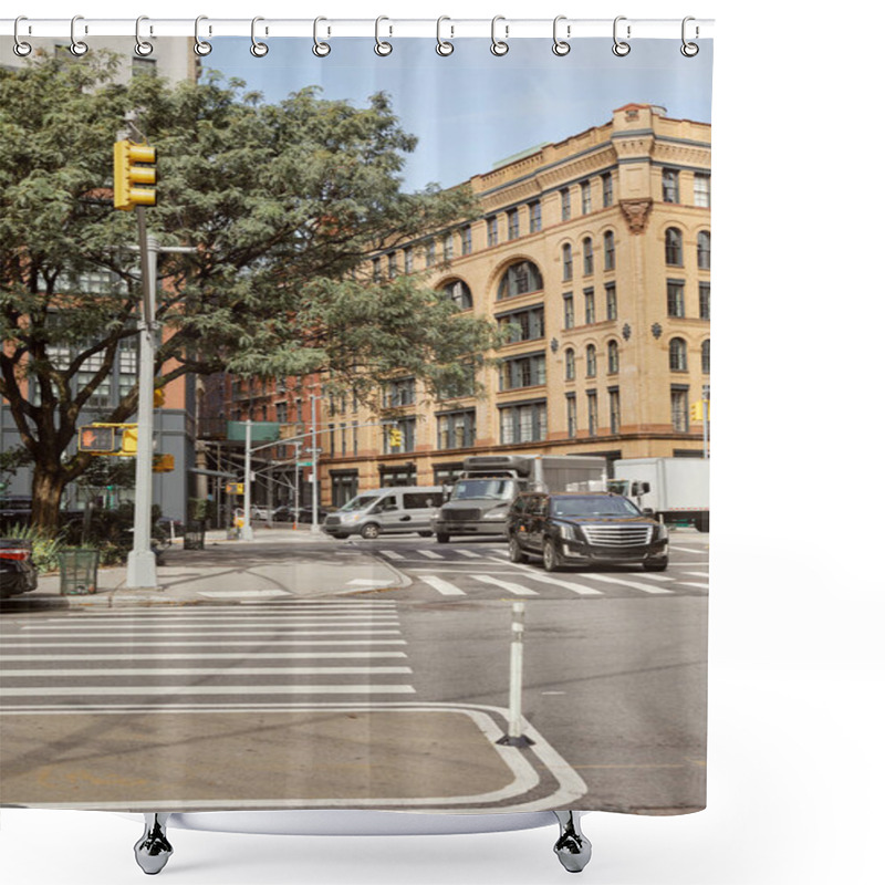 Personality  Cars Moving On Crossroad With Traffic Lights Near Trees On Urban Street In New York City, Fall Scene Shower Curtains