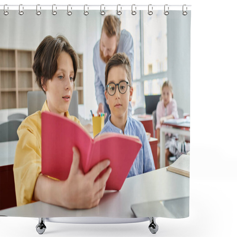 Personality  Kids Reading A Book In A Lively Classroom, Engrossed In Storytelling And Fostering A Love For Reading. Shower Curtains