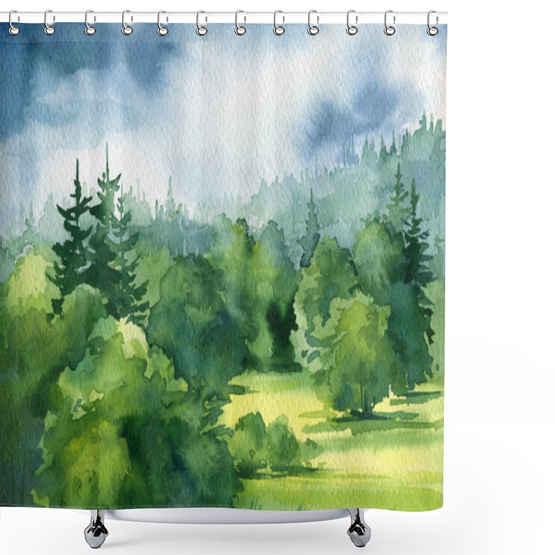 Personality  Watercolor Illustrations Of Summer Landscape, Pine And Fir Trees, Abstract Nature Background. High Quality Illustration Shower Curtains