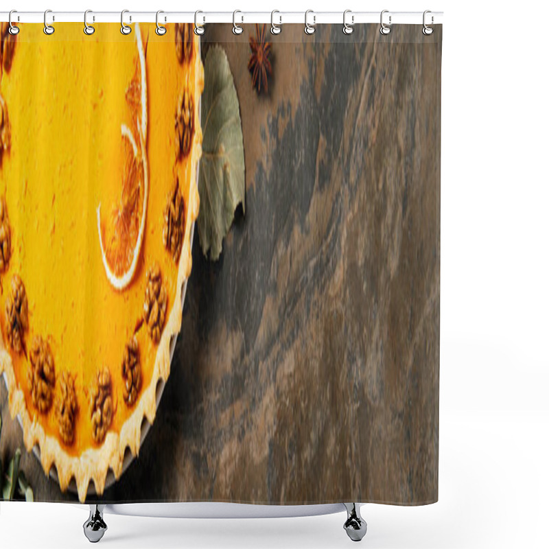 Personality  Thanksgiving Treat, Homemade Pumpkin Pie With Walnuts And Orange Slices On Stone Backdrop, Banner Shower Curtains