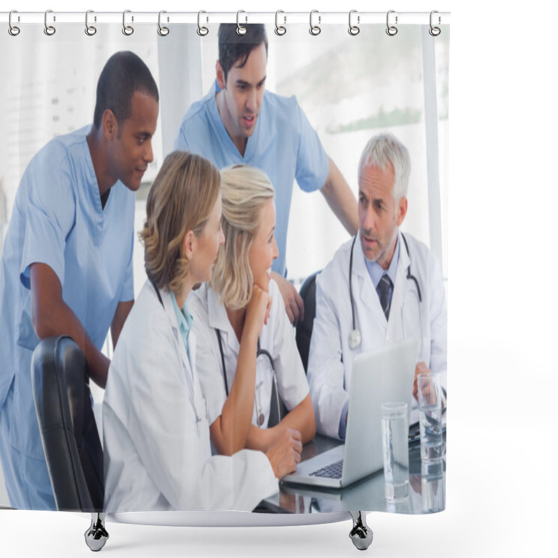 Personality  Smiling Medical Team Using Laptop Shower Curtains