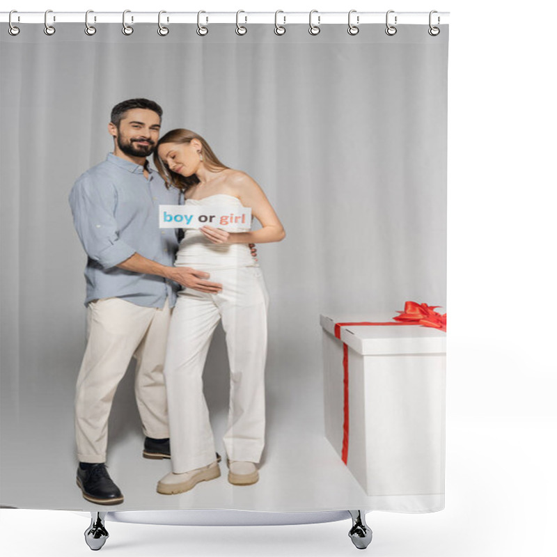 Personality  Cheerful Man Hugging Pregnant Wife With Boy Or Girl Lettering On Card And Looking At Camera Near Big Gift Box During Gender Reveal Surprise Party On Grey Background, Expecting Parents Concept Shower Curtains