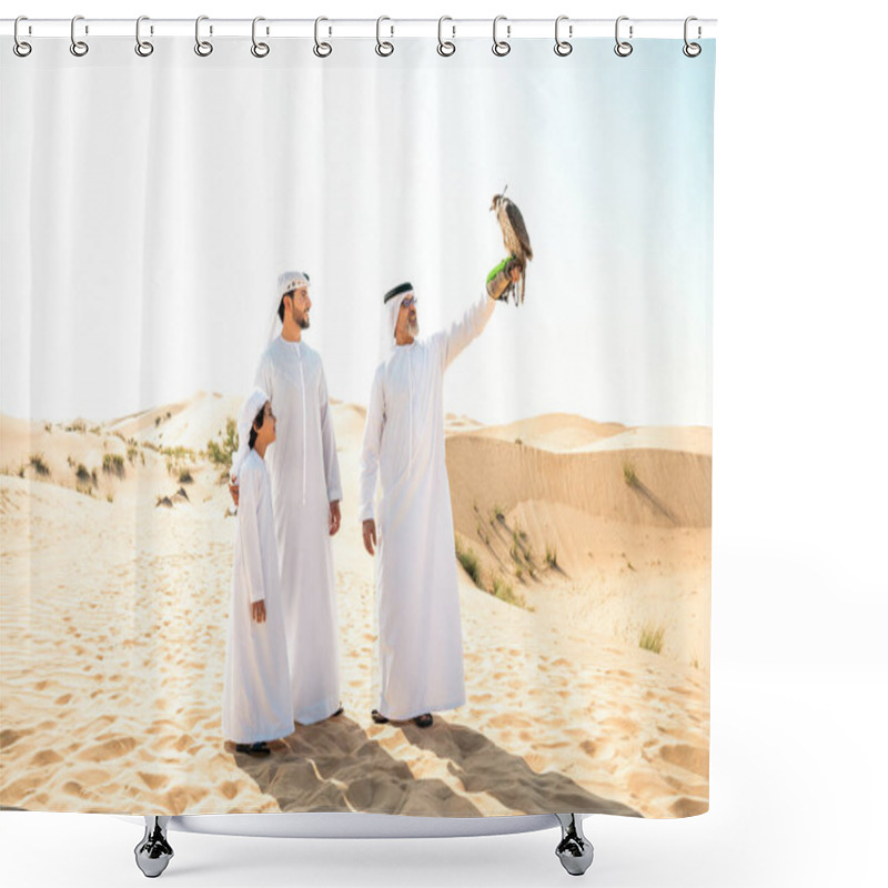 Personality  Three Generation Family Making A Safari In The Desert Of Dubai. Grandfather, Son And Grandson Spending Time Together In The Nature And Training Their Falcon Bird. Shower Curtains