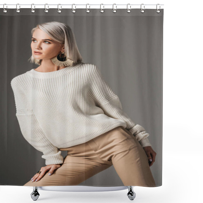 Personality  Attractive Elegant Woman Posing In White Autumn Sweater, Isolated On Grey Shower Curtains